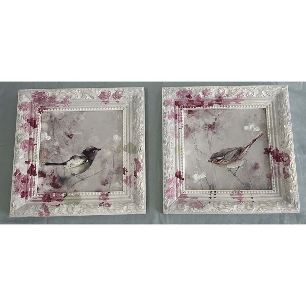 Bird Wood Framed Wall Art Set of 2 Shabby Chic Canvas Prints